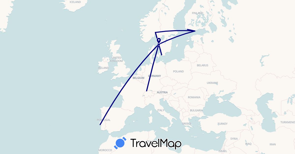 TravelMap itinerary: driving in Switzerland, Finland, Norway, Portugal, Sweden (Europe)